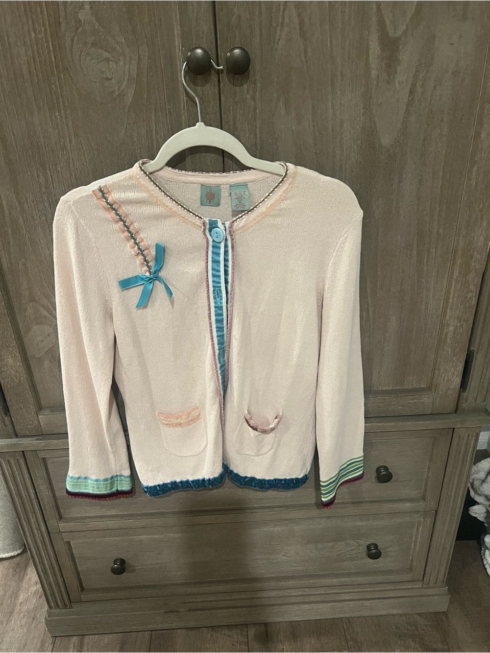 Anthropologie Light Pink Cardigan with Blue Ribbon and Multicolor Trim